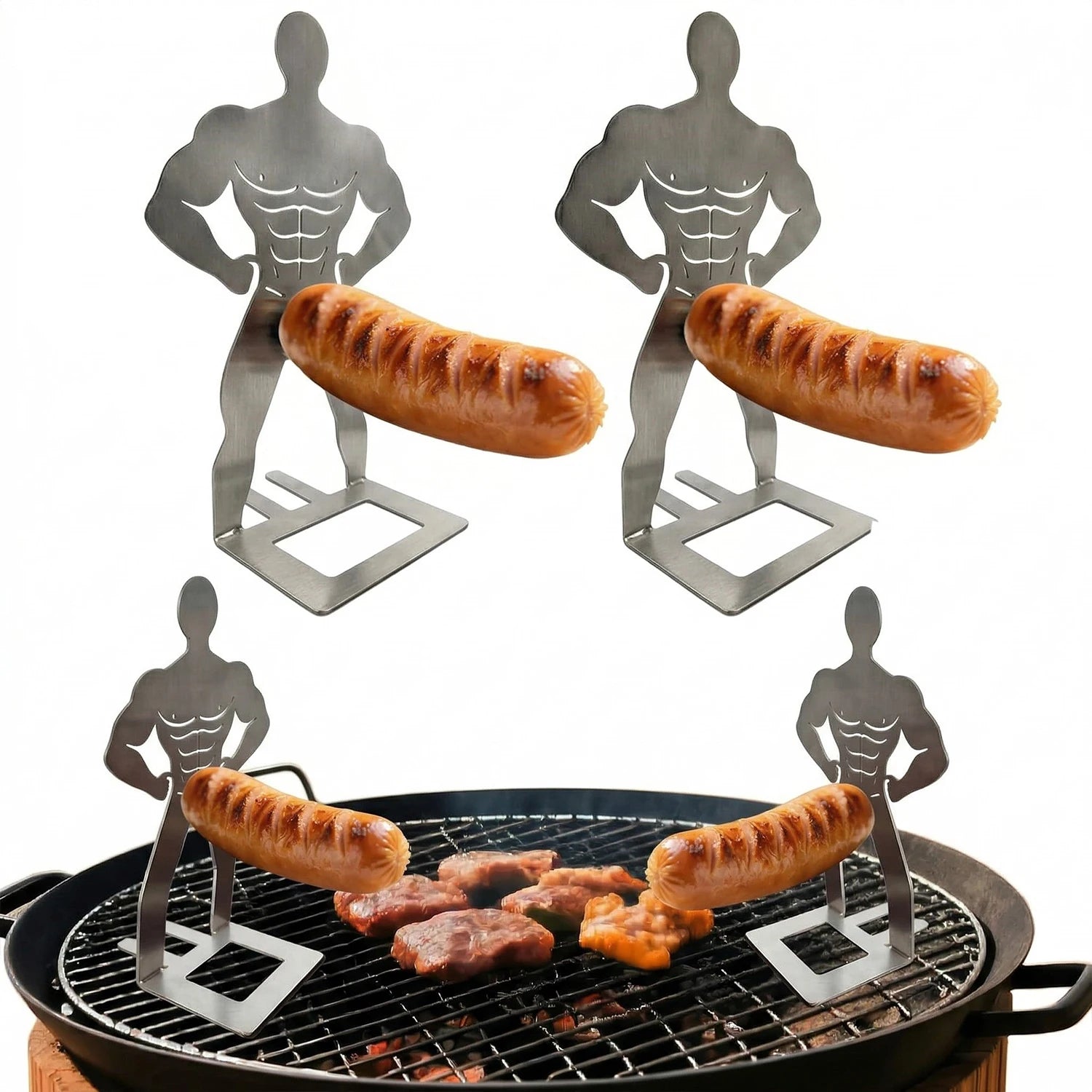 Human-shaped 304 stainless steel hot dog roaster for funny campfire prank and backyard BBQ gifts